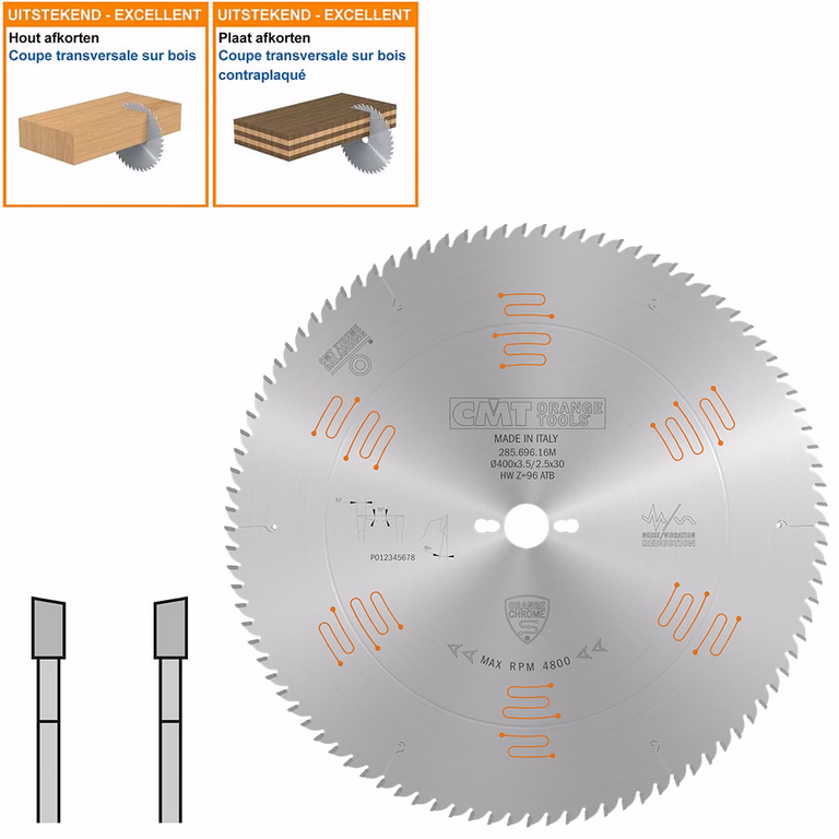 Geluidsarme HW afkortzaag geschikt voor hout D=400mm K=3,5mm P=2,5mm Z96