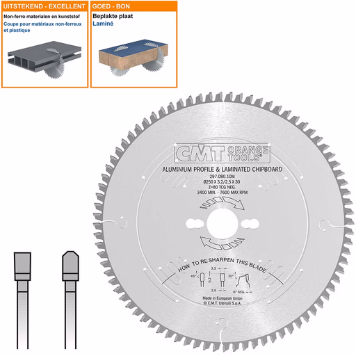 Cirkelzaag voor non-ferro metalen en harde materialen D=250mm K=3,2mm P=2,5mm Z80 · 297.080.10M