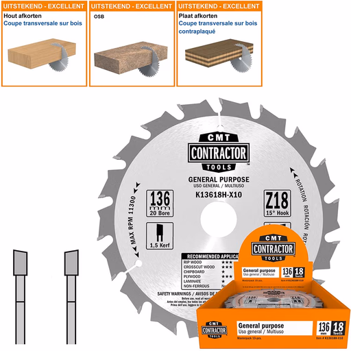 Universeel Contractor zaag met hardmetalen tanden D=136mm K=1,5mm P=1mm Z18