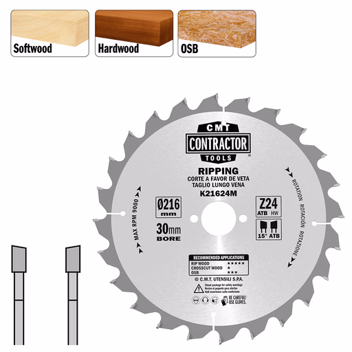 Universeel Contractor zaag met hardmetalen tanden D=216mm K=2,4mm P=1,6mm Z24 · K21624M
