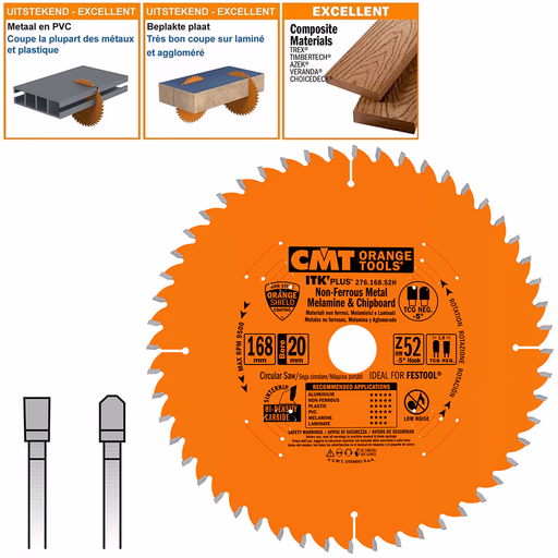 Afkortzaagblad voor non-ferro & composite materiaal D=168mm Z52