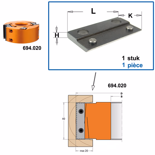 Spanblok voor WPL mes L=38mm K=20mm