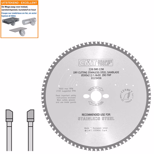 Hard metaal zaagblad voor roestvast staal D=300mm B=30mm K=2,2mm Z80