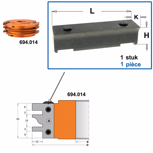 Spanblok voor profielmes L=39mm K=11mm H=9,5mm