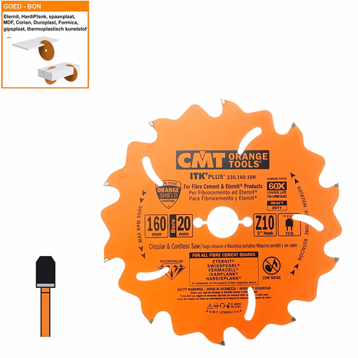 Diamantzaagblad (cementvezel) D=160mm B=20mm K=2,4mm Z10 · 236.160.10H