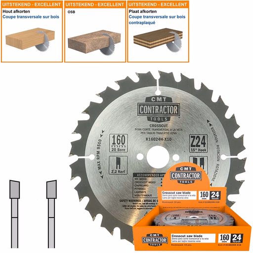 Universeel Contractor zaag met hardmetalen tanden D=160mm K=2,2mm P=1,4mm Z24 · K16024H-X10