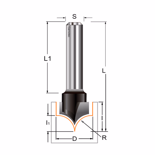 Afrondfrees (punt), HW D=12,7mm S=8mm I=9,52mm R=6,35mm