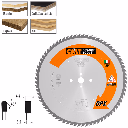 Plaatzaagblad met DPX hardmetalen tanden D=450mm B=30mm K=4,4mm P=3,2mm