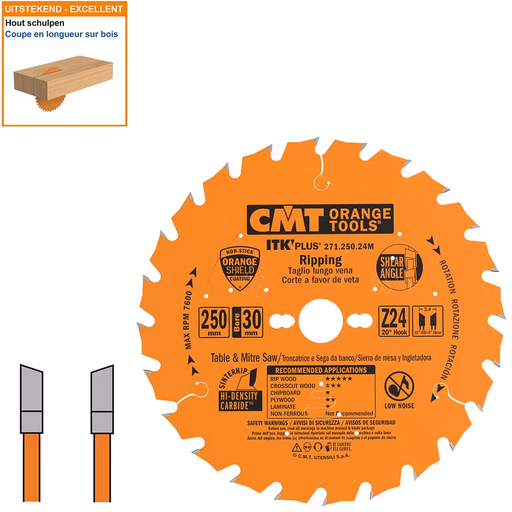 Dunne schulp-en afkortzaag met hardmetalen tanden D=250mm B=30mm K=2,4mm Z24