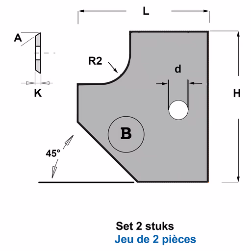 Profielmessen voor verstelbare afrond-/afschuinfrees B2 L=20mm I=20mm