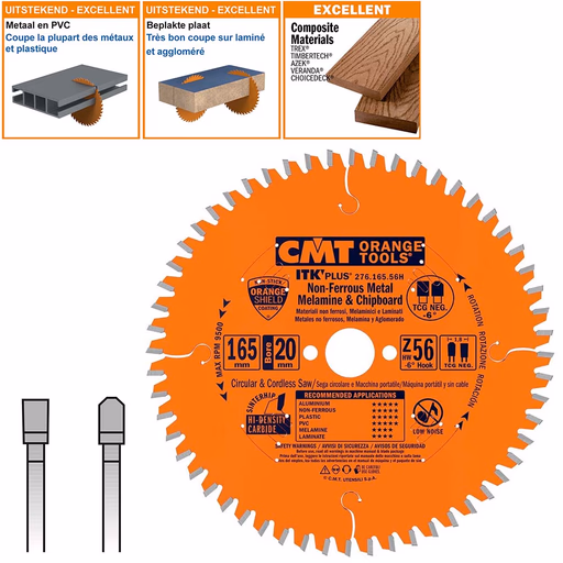 Dun zaagblad voor non-ferro metalen en hard materiaal D=165mm B=15,87mm K=1,8mm Z56