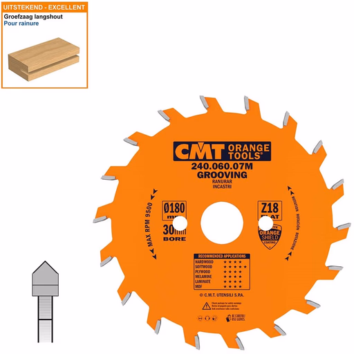 V-groefzaag met hardmetalen tanden in punt geslepen D=180mm K=6mm Z18
