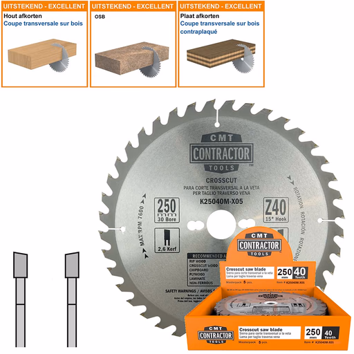 Universeel Contractor zaag met hardmetalen tanden D=250mm K=2,6mm P=1,8mm Z40