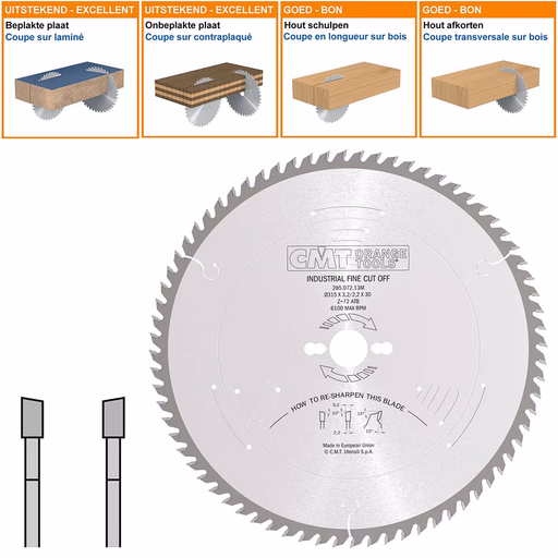Afkortzaag met hardmetalen tanden geschikt voor hout D=315mm K=3,2mm P=2,2mm Z72