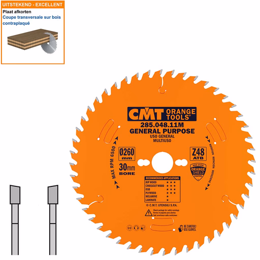 Afkortzaag met hardmetalen tanden geschikt voor hout D=260mm K=2,8mm P=1,8mm Z48