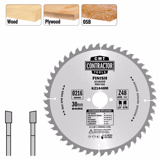 Universeel Contractor zaag met hardmetalen tanden D=216mm K=2,4mm P=1,6mm Z48 · K21648M