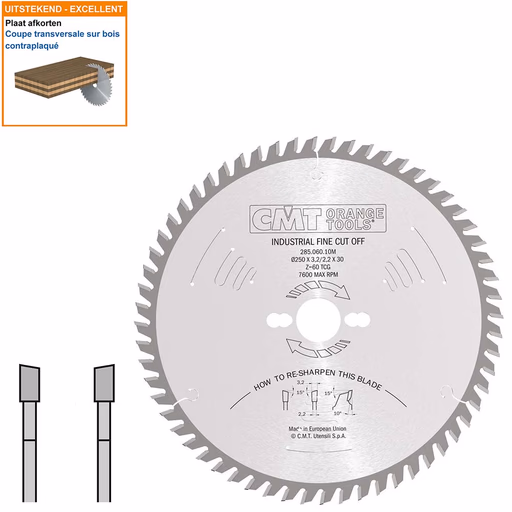 Afkortzaag met hardmetalen tanden geschikt voor hout D=250mm K=3,2mm P=2,2mm Z60 · 285.060.10M