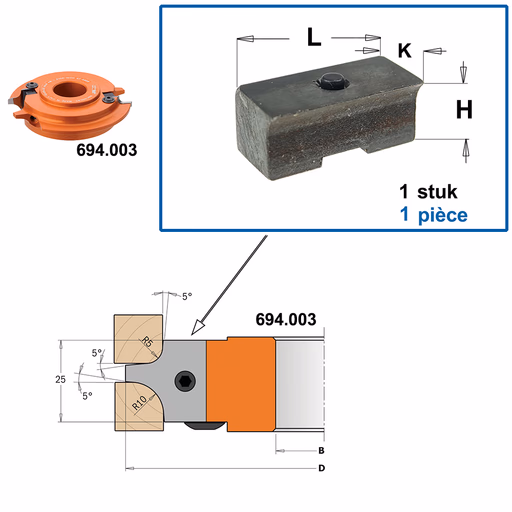 Spanblok voor profielmes L=22mm K=9,5mm H=11mm