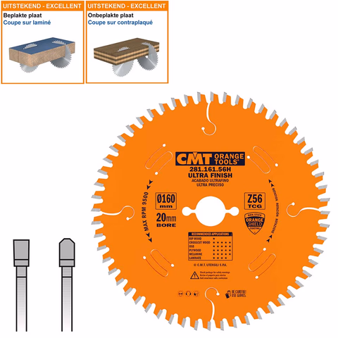 Plaat- en kunststof zaagblad met hardmetalen tanden D=160mm K=2,2mm P=1,6mm Z56