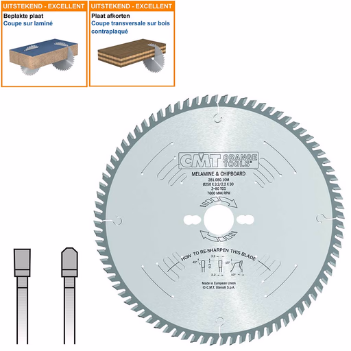 Plaat- en kunststof zaagblad met hardmetalen tanden D=250mm K=3,2mm P=2,2mm Z80