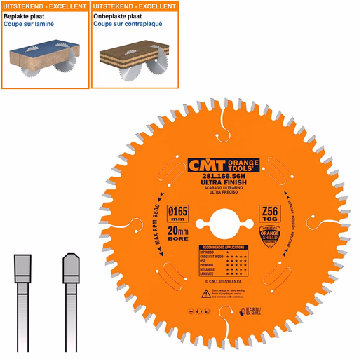 Plaat- en kunststof zaagblad met hardmetalen tanden D=165mm K=2,2mm P=1,6mm Z56