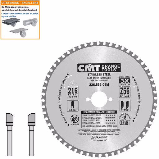 Hard metaal zaagblad voor roestvast staal D=216mm B=30mm K=1,8mm Z56