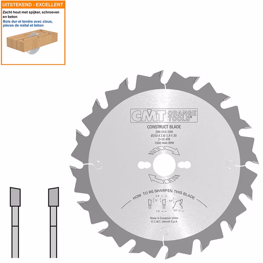Bouw schulpzaag met hardmetalen tanden D=250mm K=2,8mm P=1,8mm Z16