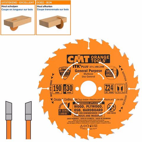 Dunne schulp-en afkortzaag met hardmetalen tanden D=190mm B=16mm K=1,7mm Z24