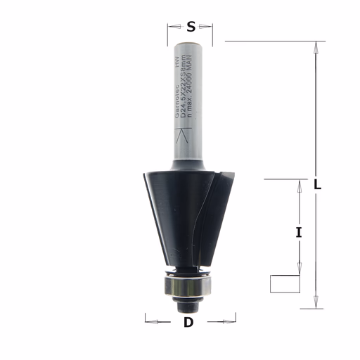 Afkantfrees met geleidelager, HW D=24,5mm L=71,1mm I=22mm A=15°