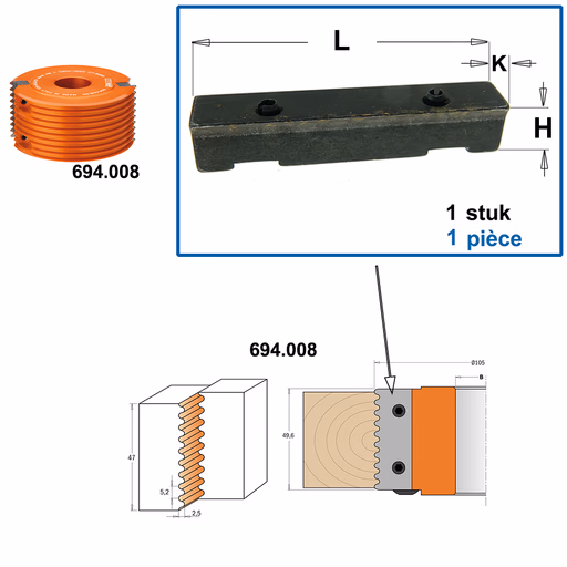 Spanblok voor profielmes L=49mm K=11mm H=9,5mm