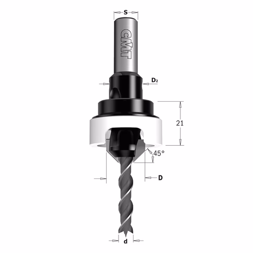 Verzinker met diepte instelling, rechts D=16mm S=10mm A=45° d=4,5mm