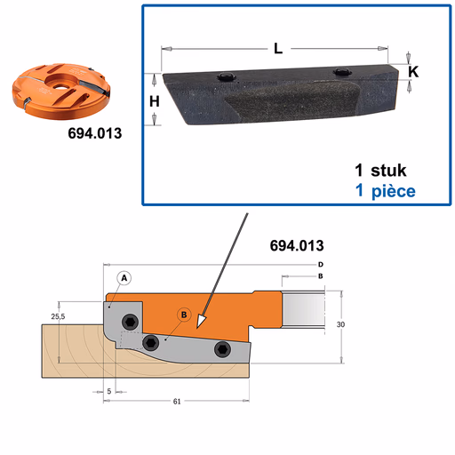 Spanblok voor profielmes art. 695.013.A2 L=53mm K=11mm