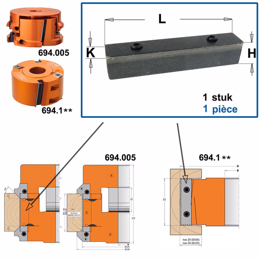 Spanblok voor profielmes L=46mm K=11mm H=9,5mm