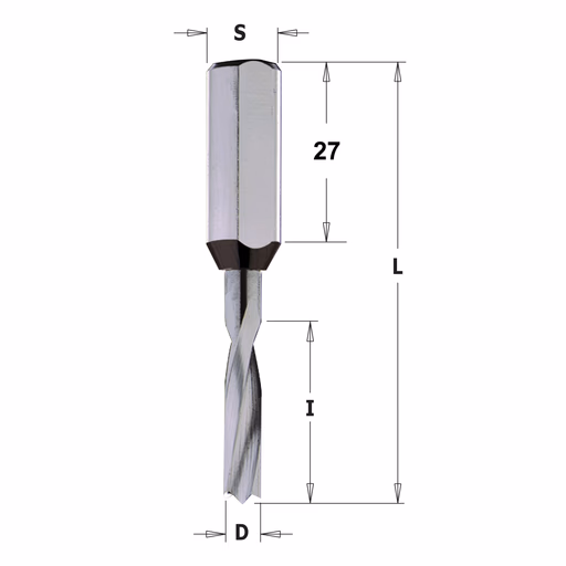 Drevelboor, rechts D=2mm L=57,5mm L1=35mm I=12mm