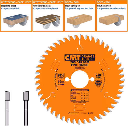 Zaagblad met hardmetalen tanden voor fijne afwerking D=150mm K=3,2mm P=2,2mm Z48