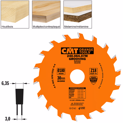 Groefzaag met hardmetalen tanden D=180mm K=6,35mm P=3mm Z18