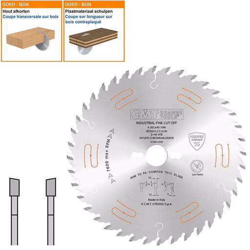 Geluidsarme HW afkortzaag geschikt voor hout D=250mm K=3,2mm P=2,2mm Z40