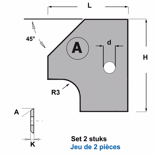 Profielmessen voor verstelbare afrond-/afschuinfrees A3 L=20mm K=2mm