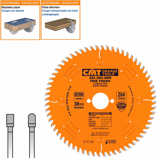 Plaat- en kunststof zaagblad met hardmetalen tanden D=200mm K=3,2mm P=2,2mm Z64