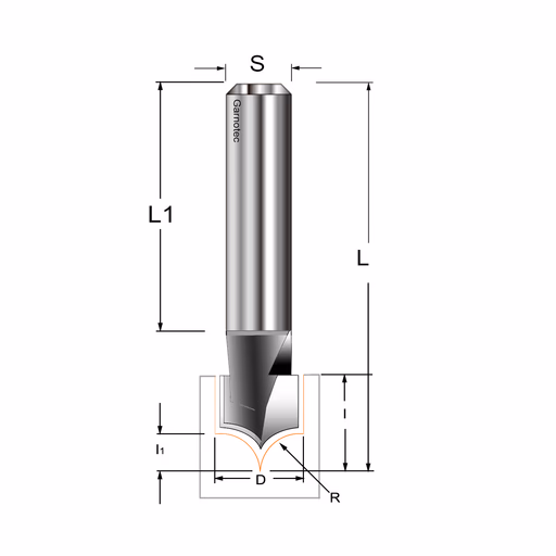 Afrondfrees (punt), HW D=9,53mm S=8mm I=9,52mm R=4,8mm