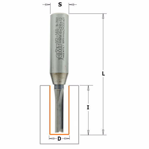 Groeffrees met rechte snijkoppen, HWM D=6mm S=12mm L=73mm I=26mm