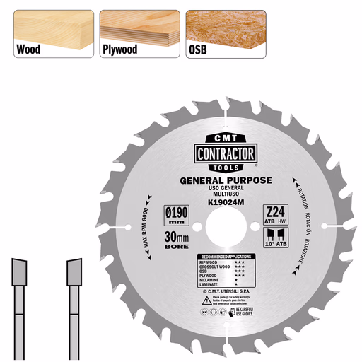 Universeel Contractor zaag met hardmetalen tanden D=190mm K=2,2mm P=1,4mm Z24 · K19024M