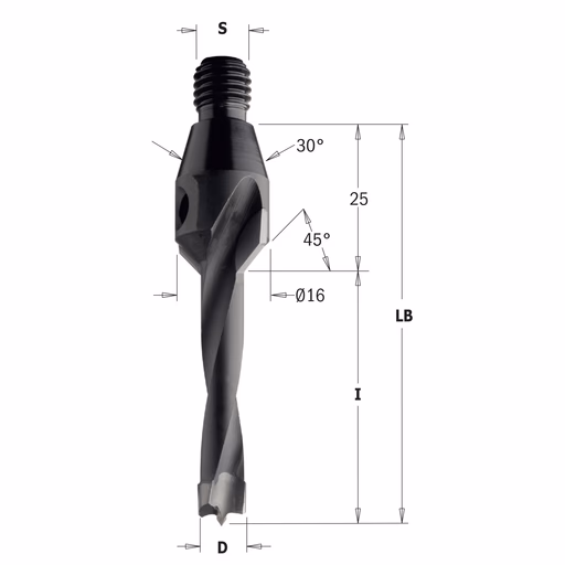 Drevelboor met verzinkfrees, met centreerconus 30°, rechts D=5mm LB=55mm I=30mm