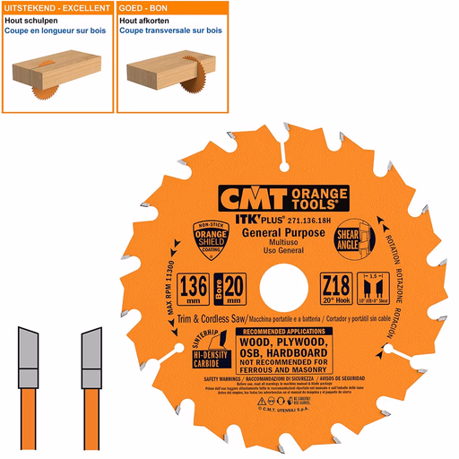 Dunne schulp-en afkortzaag met hardmetalen tanden D=136mm B=10mm K=1,5mm Z18