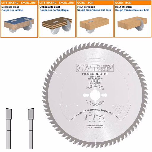 Afkortzaag met hardmetalen tanden geschikt voor hout D=305mm K=3,2mm P=2,2mm Z72 · 285.072.22M