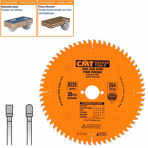 Plaat- en kunststof zaagblad met hardmetalen tanden D=225mm K=2,6mm P=1,8mm Z64
