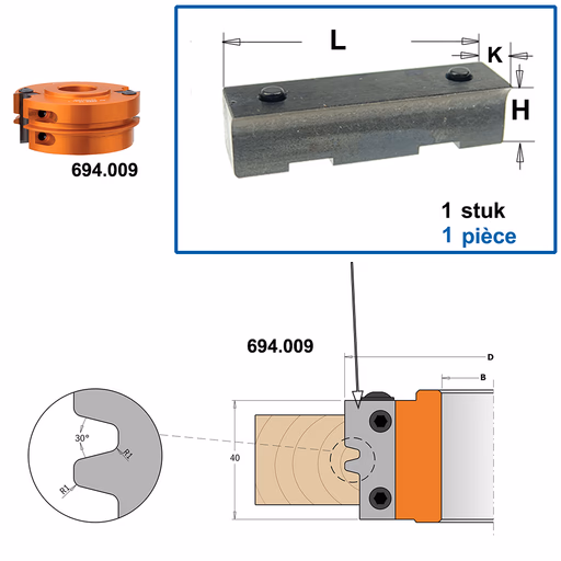 Spanblok voor profielmes L=38mm K=11mm H=9,5mm