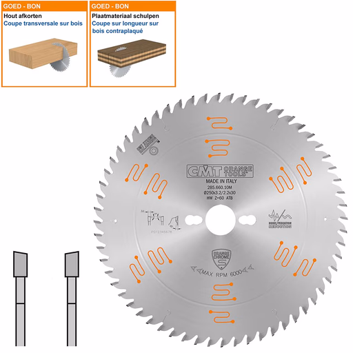 Geluidsarme HW afkortzaag geschikt voor hout D=250mm K=3,2mm P=2,2mm Z60
