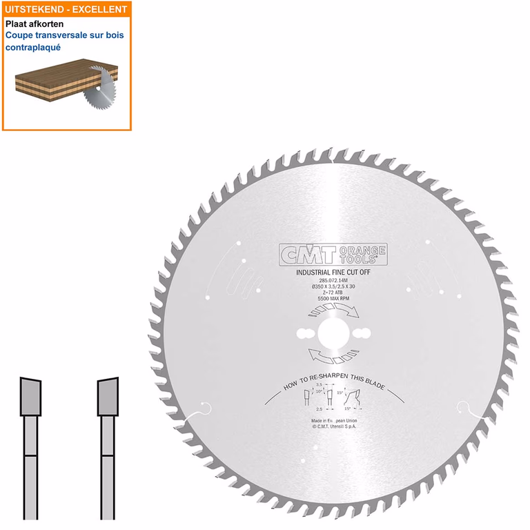 Afkortzaag met hardmetalen tanden geschikt voor hout D=350mm K=3,5mm P=2,5mm Z72