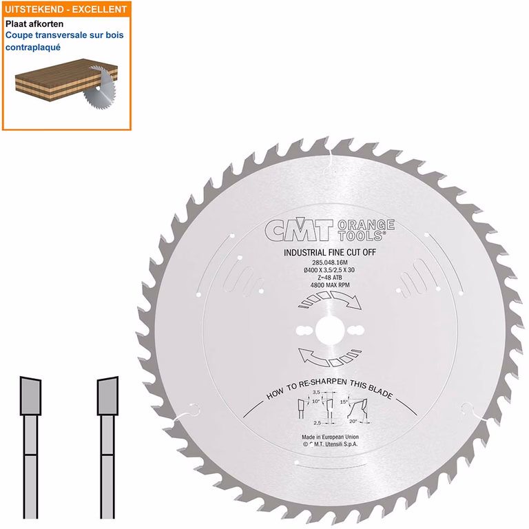 Afkortzaag met hardmetalen tanden geschikt voor hout D=400mm K=3,5mm P=2,5mm Z48